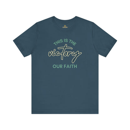 Logos This Is The Victory T-shirt in dark blue with faith-themed graphic text design