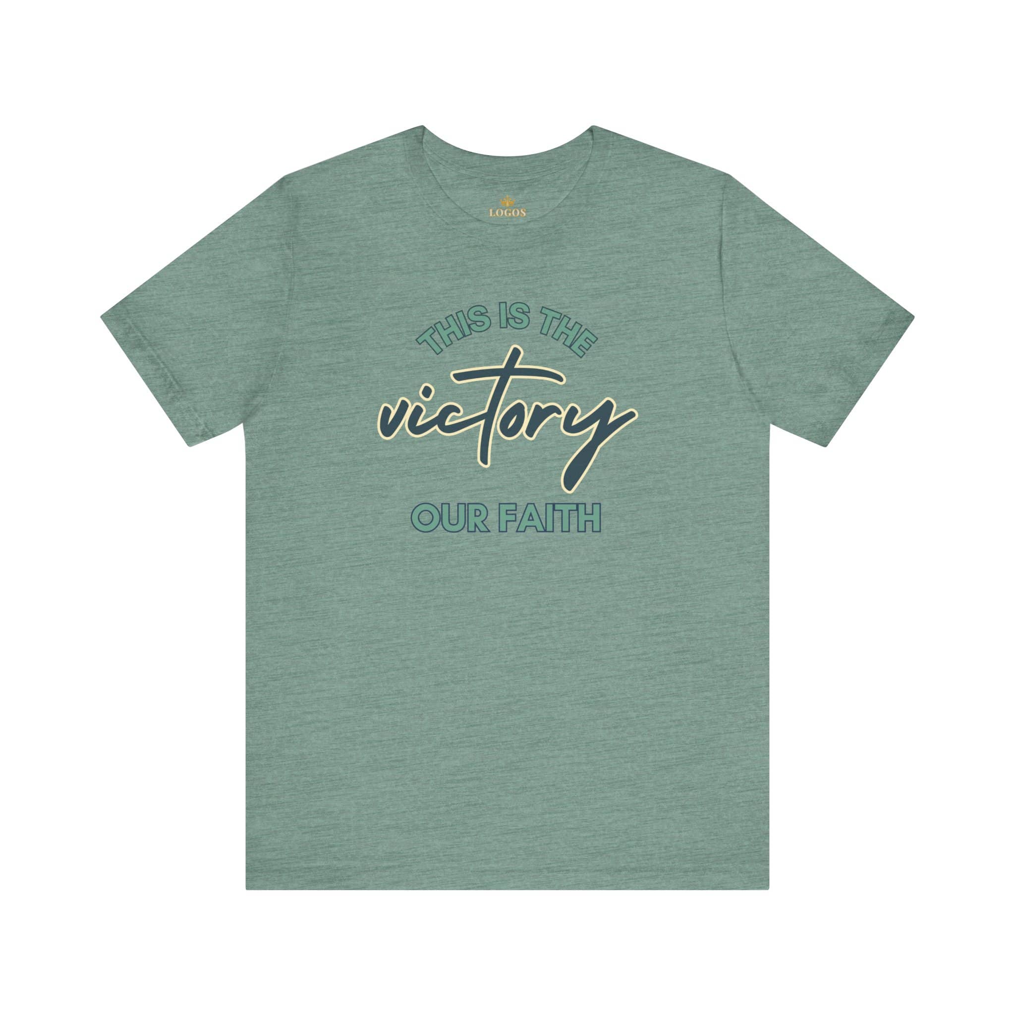 Logos This Is The Victory T-shirt in green with faith-inspired text design on front