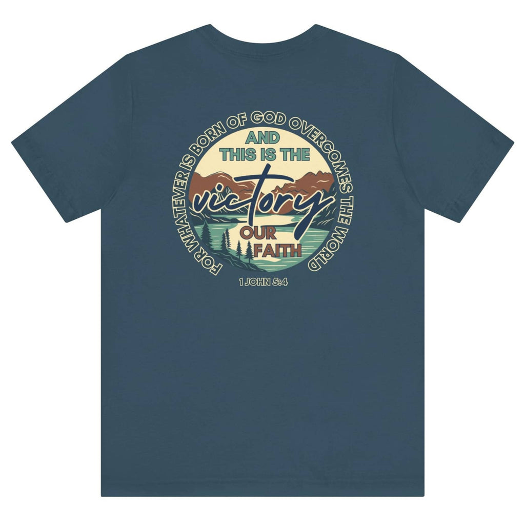 Logos This Is The Victory T-shirt with faith and victory graphic on indigo blue background