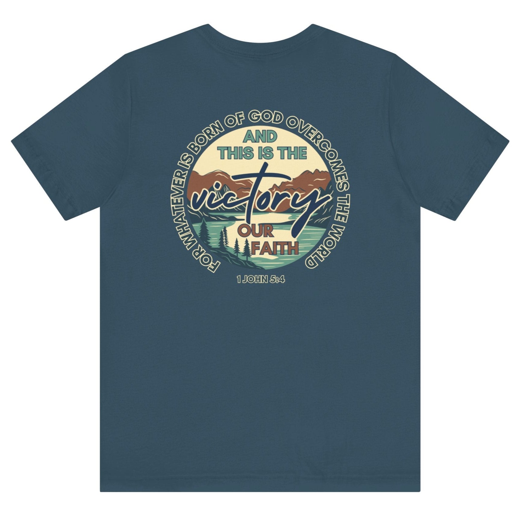 Logos This Is The Victory T-shirt with faith and victory graphic on indigo blue background