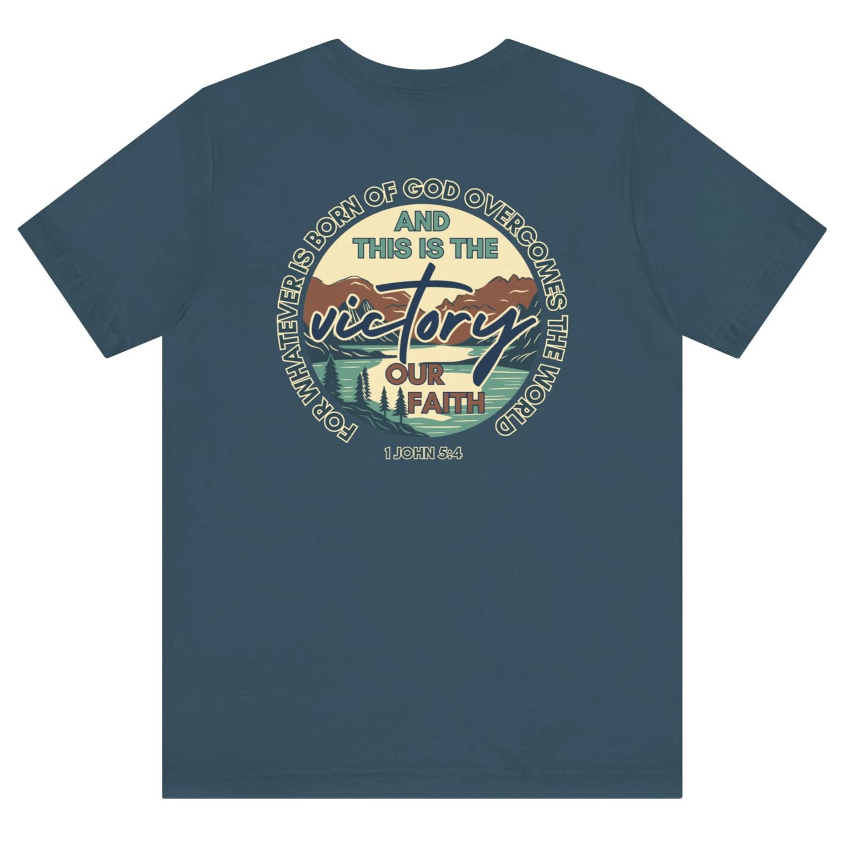 Logos This Is The Victory T-shirt with faith and victory graphic on indigo blue background