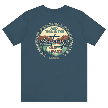 Logos This Is The Victory T-shirt with faith and victory graphic on indigo blue background