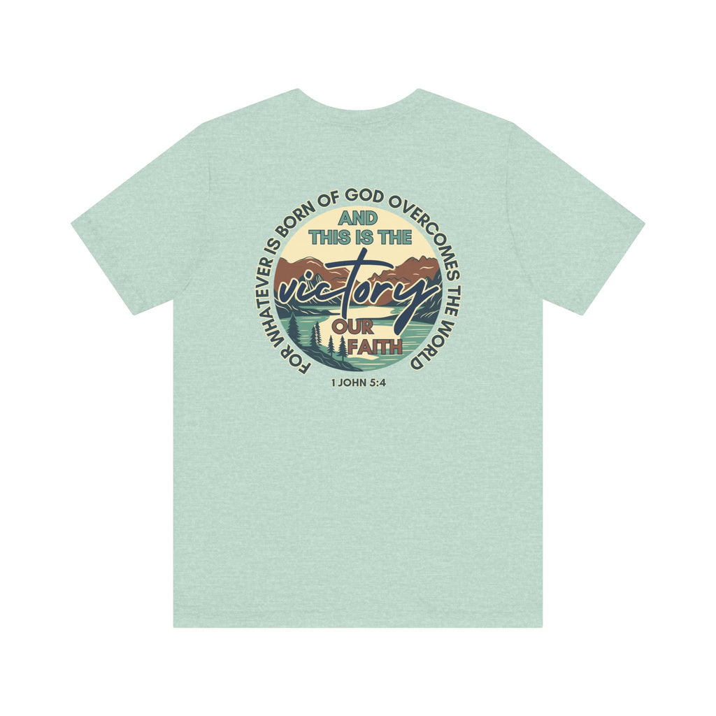 Mint green This Is The Victory T-shirt by Logos with faith and victory graphic design on the back