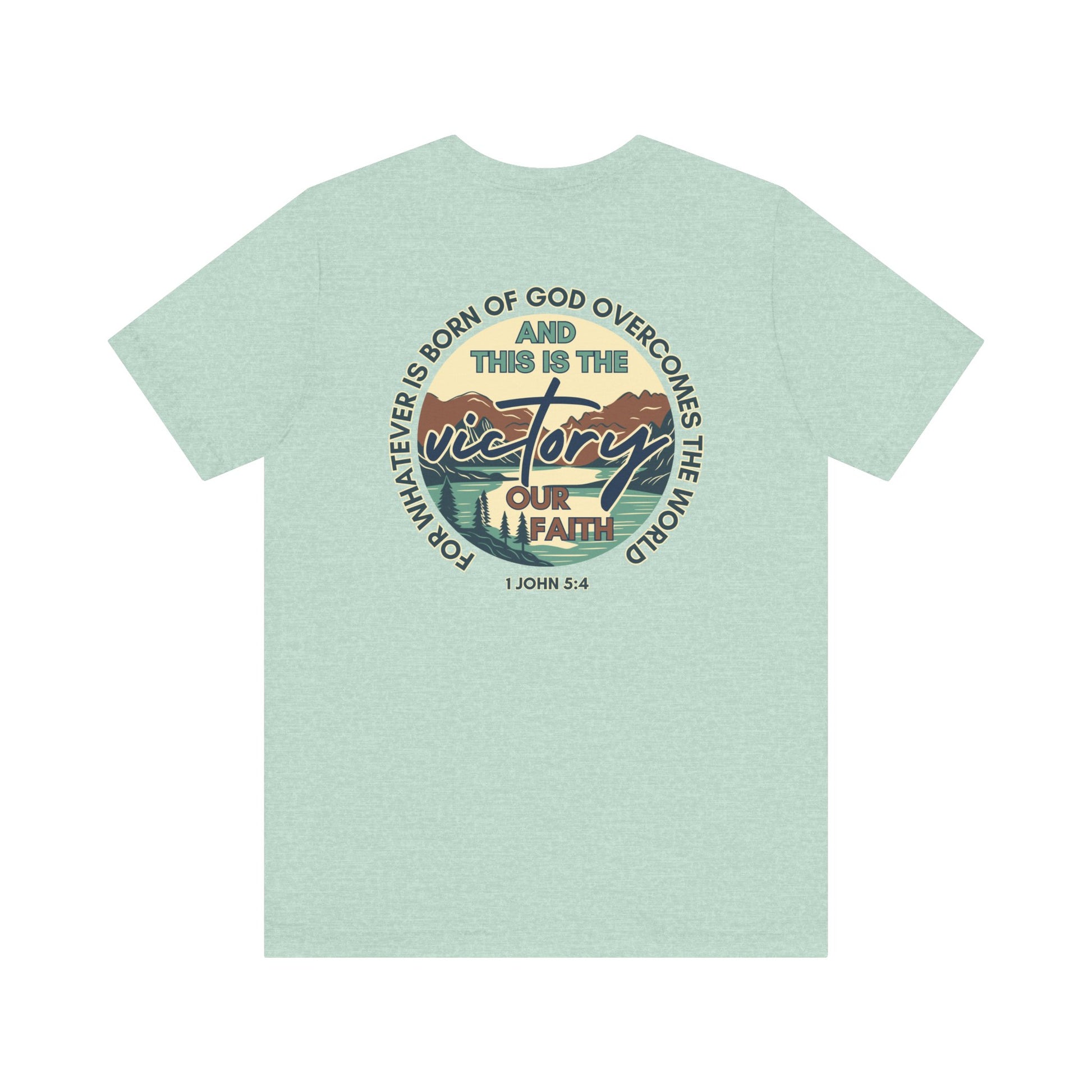 Mint green This Is The Victory T-shirt by Logos with faith and victory graphic design on the back