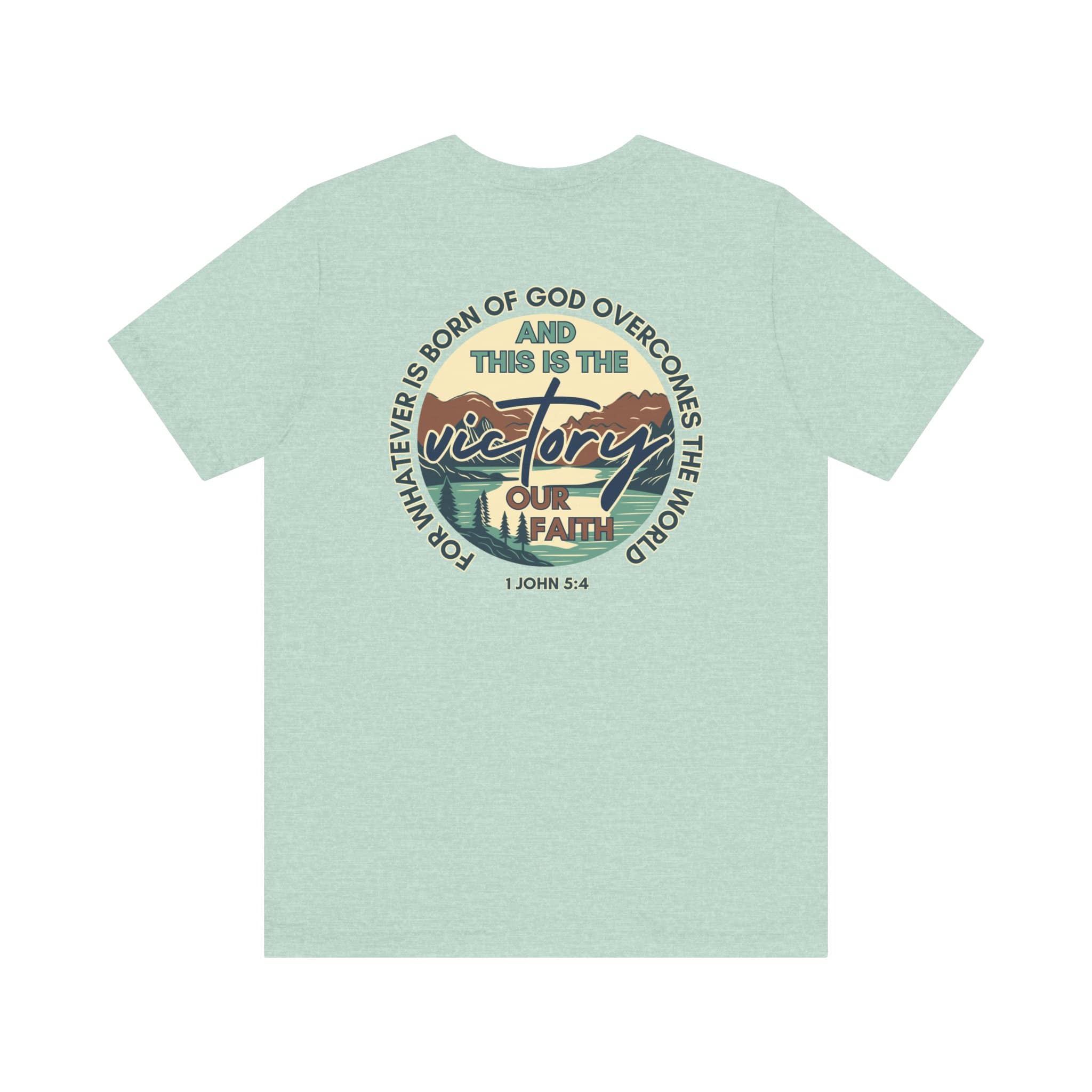 Mint green This Is The Victory T-shirt by Logos with faith and victory graphic design on the back