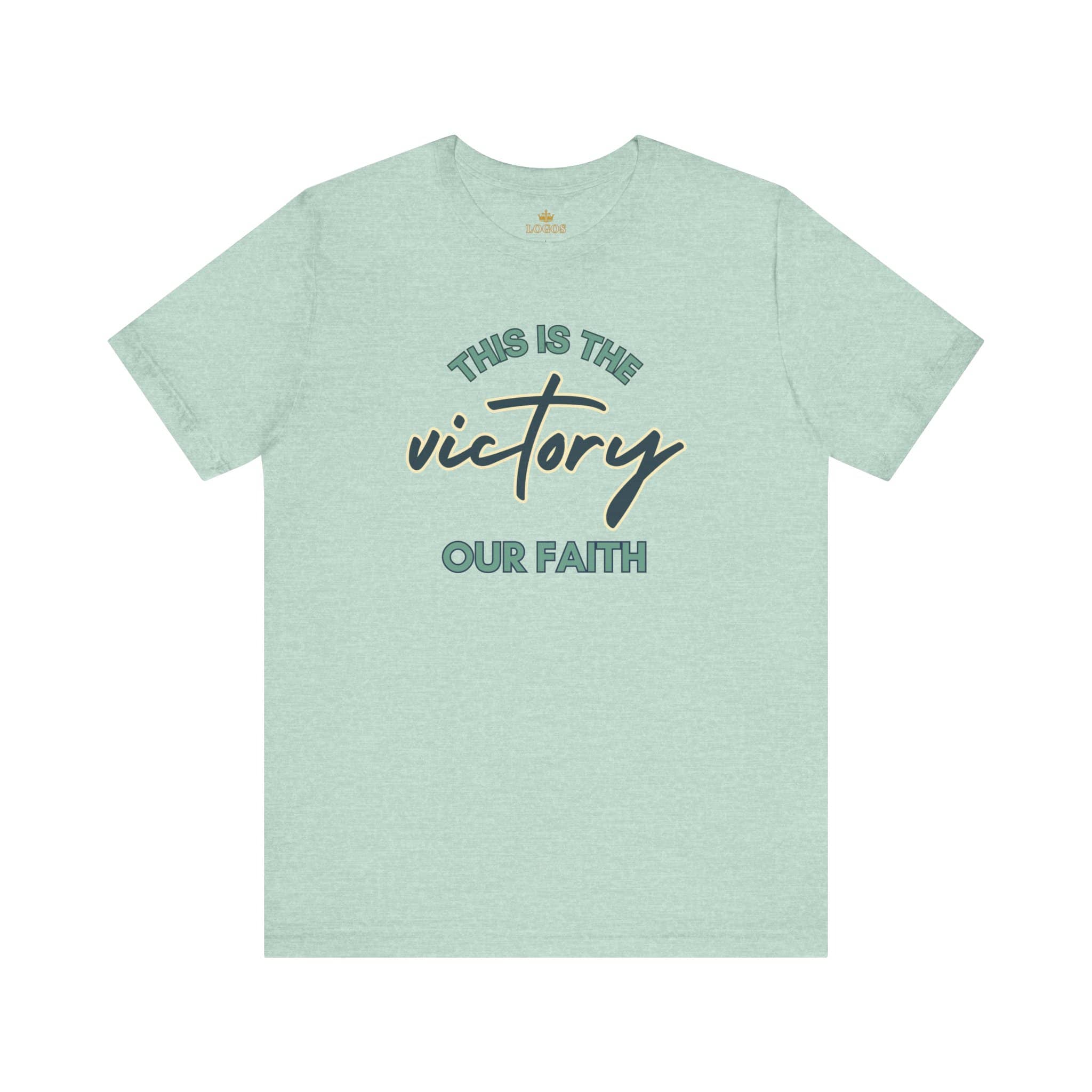 Mint green This Is The Victory T-shirt with bold faith-themed lettering printed on the front