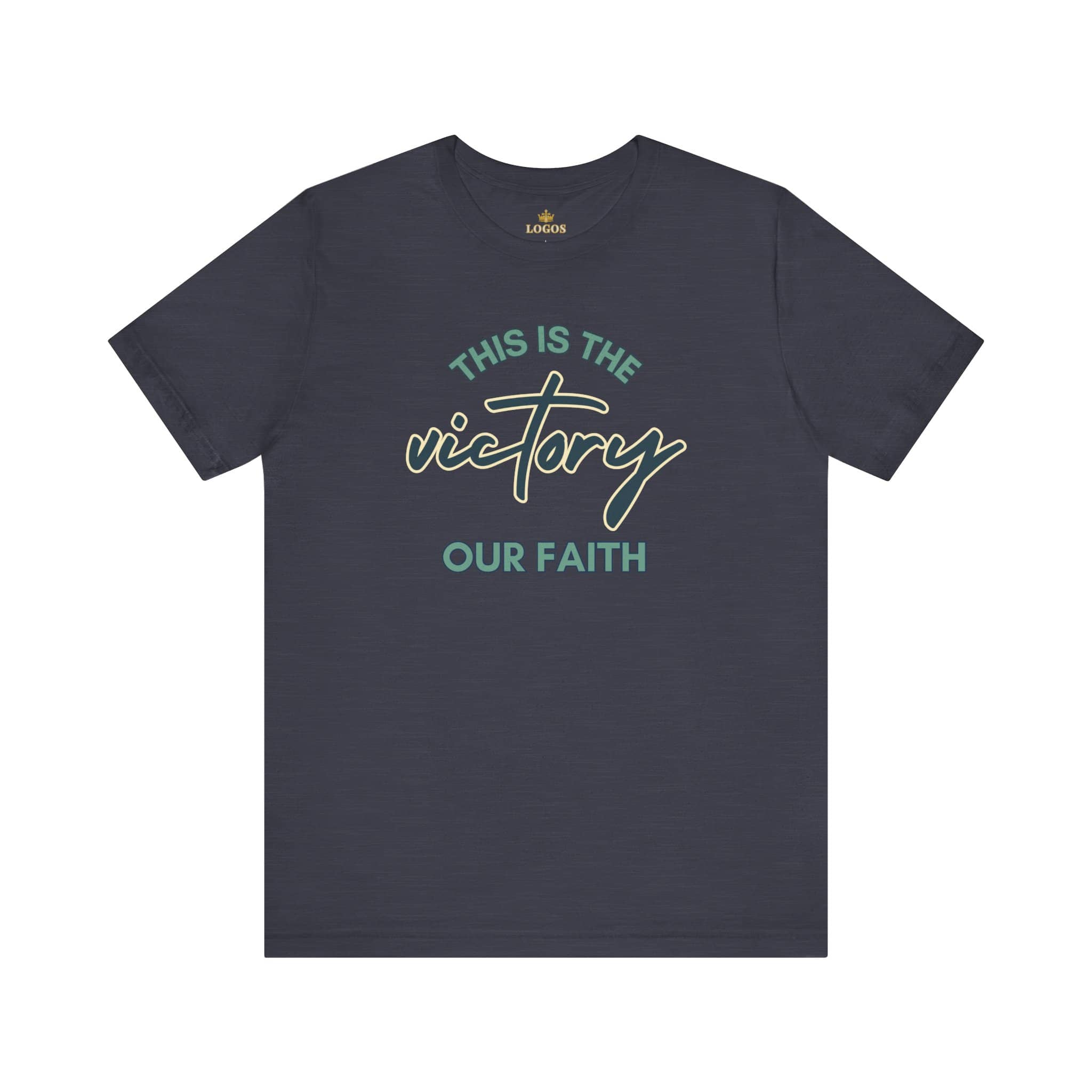 Logos This Is The Victory T-shirt in navy with faith-themed script design