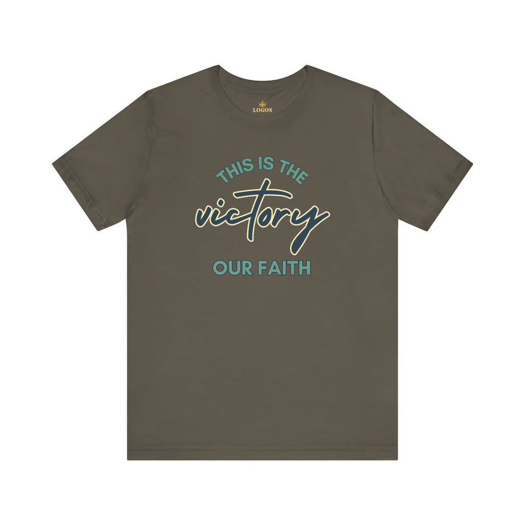 Logos This Is The Victory T-shirt in olive green with faith-inspired graphic text design