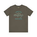 Logos This Is The Victory T-shirt in olive green with faith-inspired graphic text design
