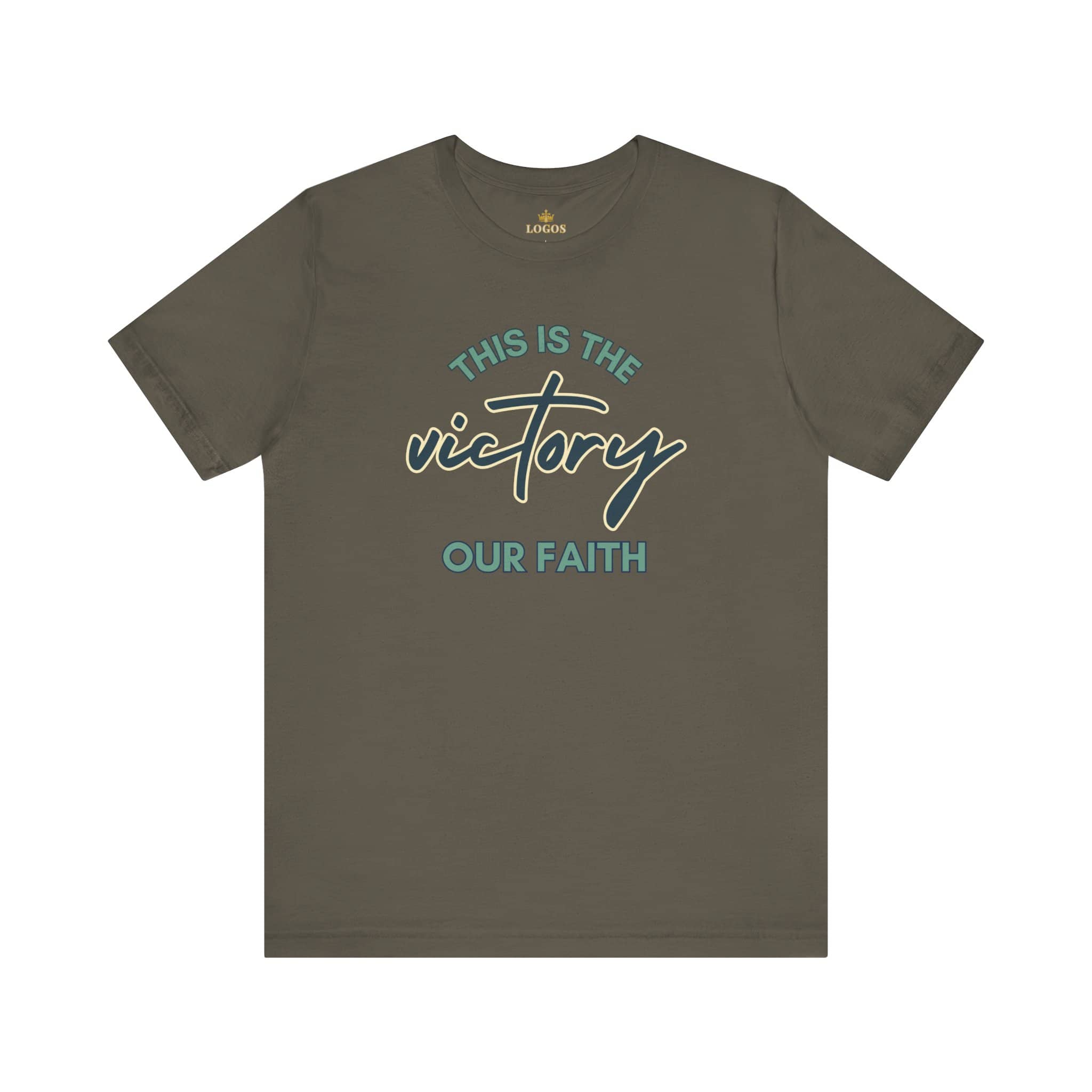 Logos This Is The Victory T-shirt in olive green with faith-inspired graphic text design