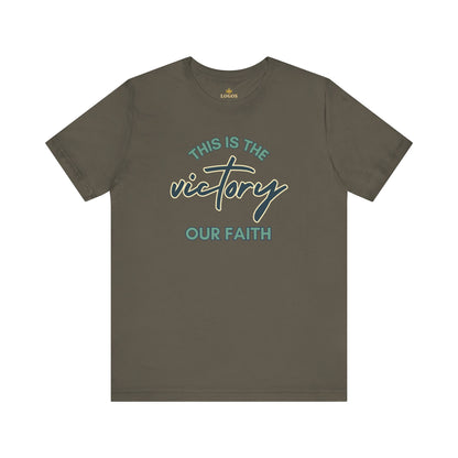 Logos This Is The Victory T-shirt in olive green with faith-inspired graphic text design