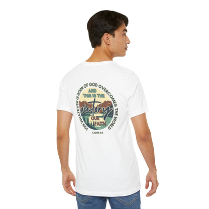 Logos This Is The Victory T-shirt white with inspirational religious graphic on back worn by male model