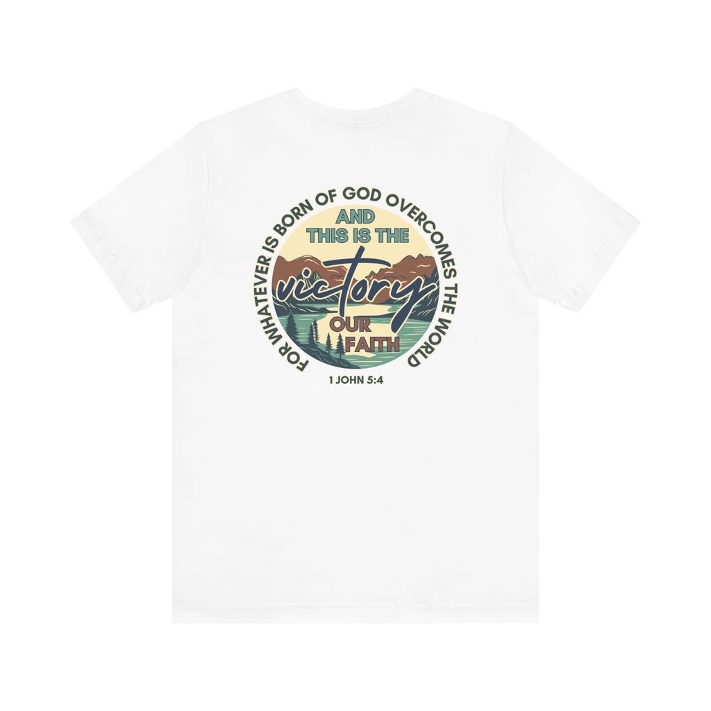White Logos This Is The Victory T-shirt with inspirational faith quote and graphic design on back