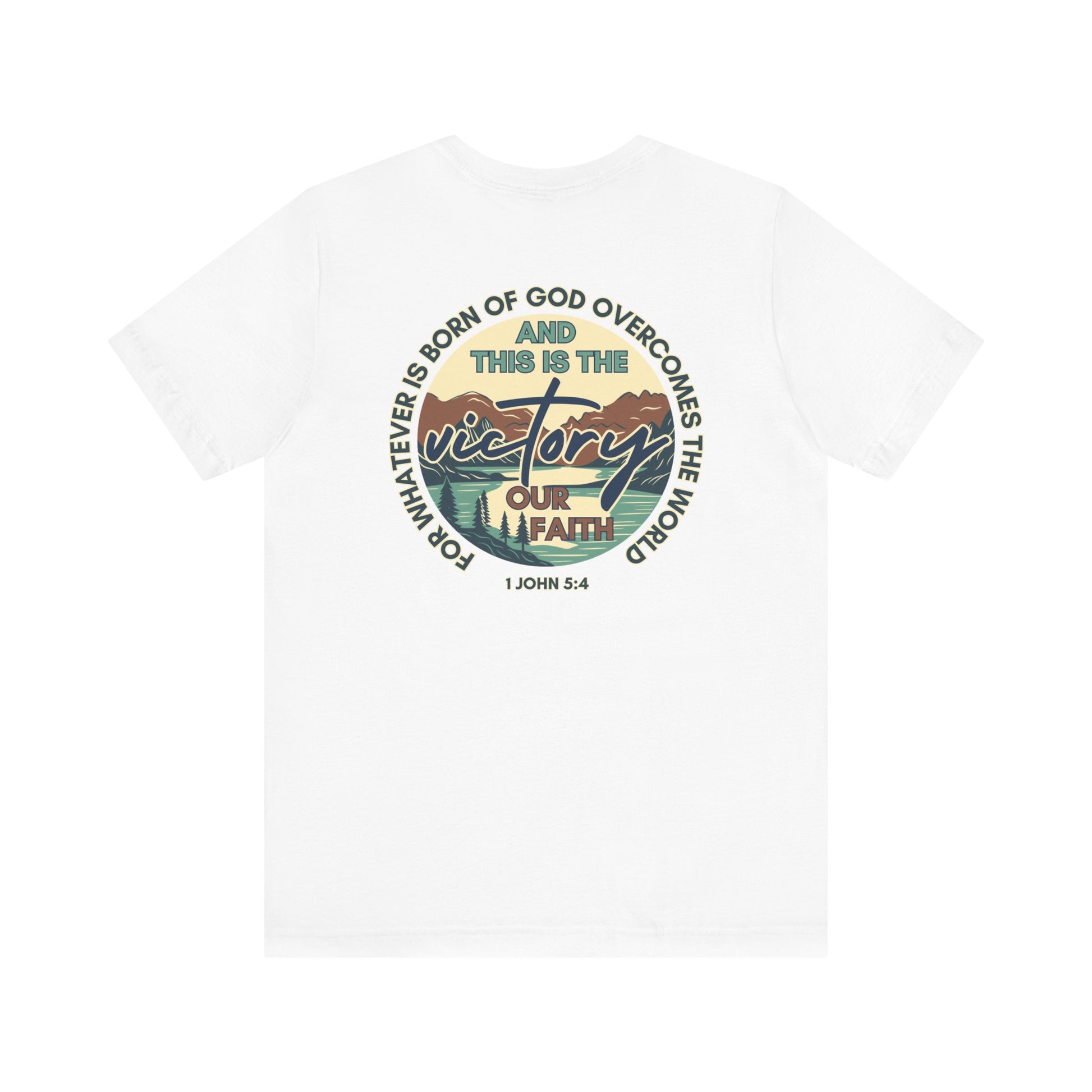 White Logos This Is The Victory T-shirt with inspirational faith quote and graphic design on back