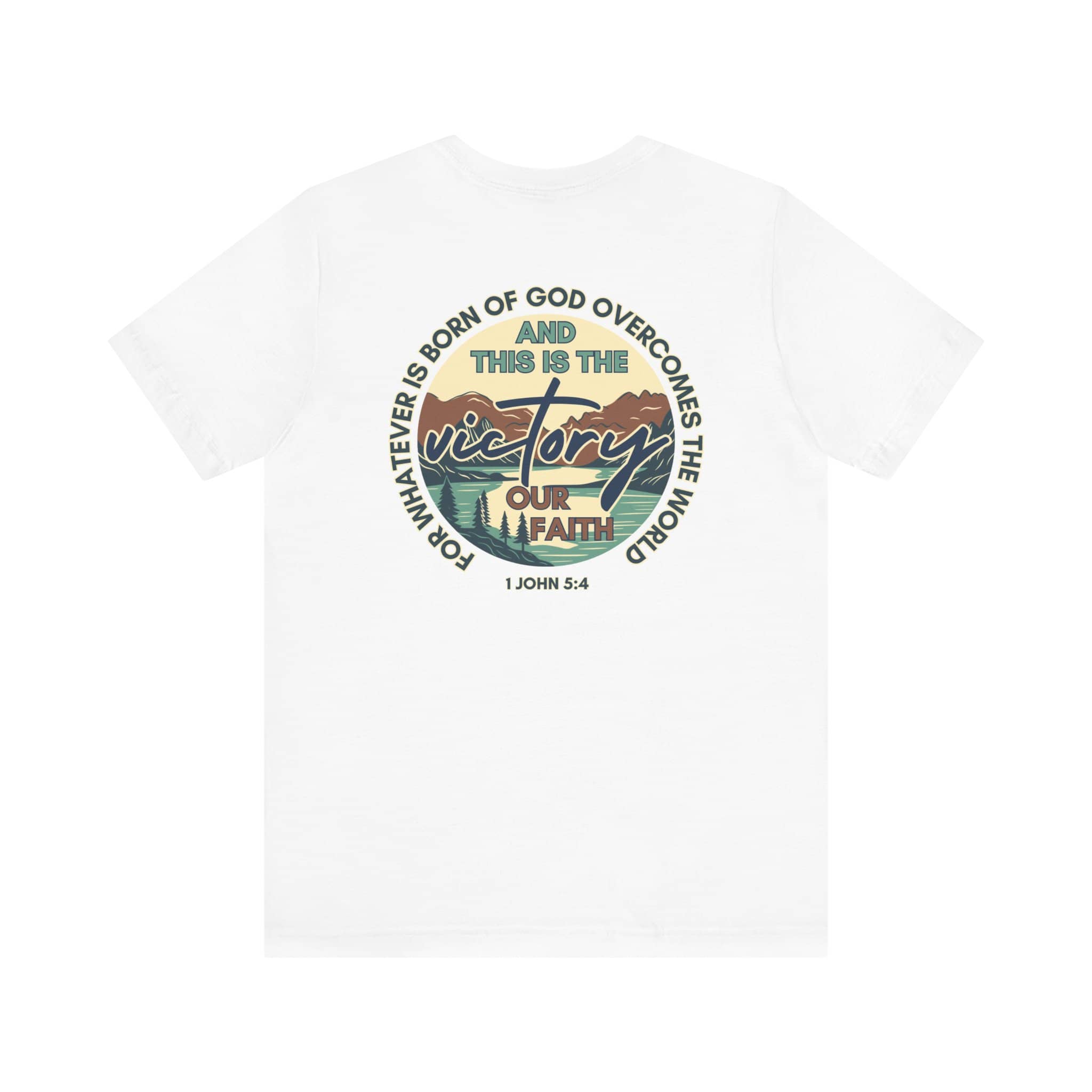 White Logos This Is The Victory T-shirt with inspirational faith quote and graphic design on back