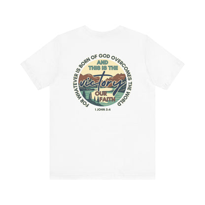 White Logos This Is The Victory T-shirt with inspirational faith quote and graphic design on back