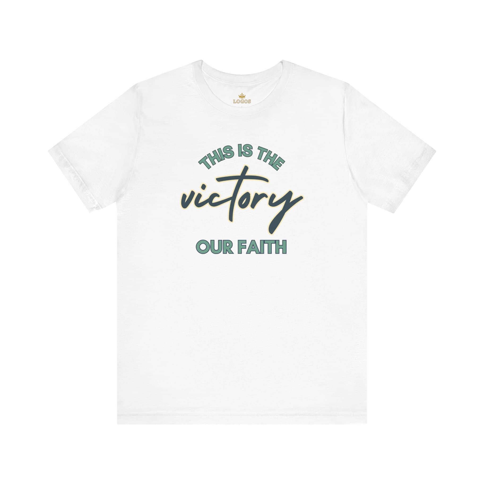 White T-shirt with This Is The Victory T-shirt text design in green and gold