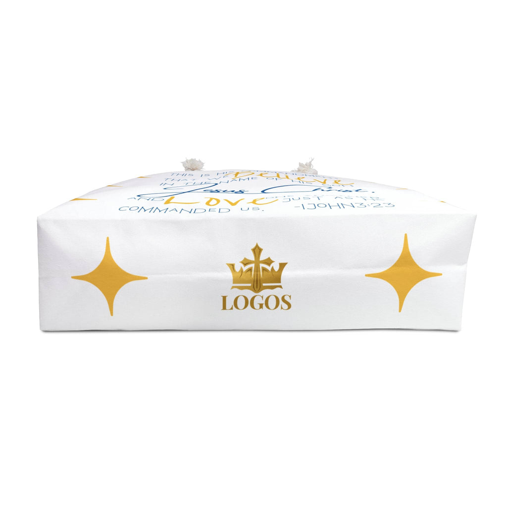 Love One Another Bible verse weekender bag with gold star accents and inspirational design