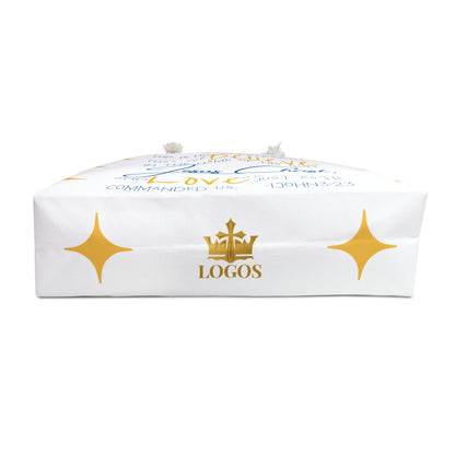 Love One Another Bible verse weekender bag with gold star accents and inspirational design