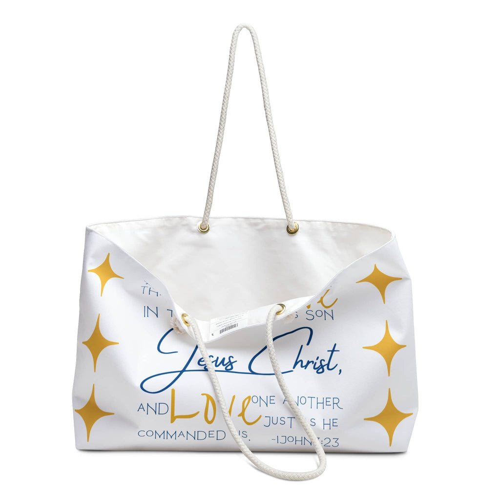 Love One Another Bible verse weekender bag with inspirational text and stylish gold accents