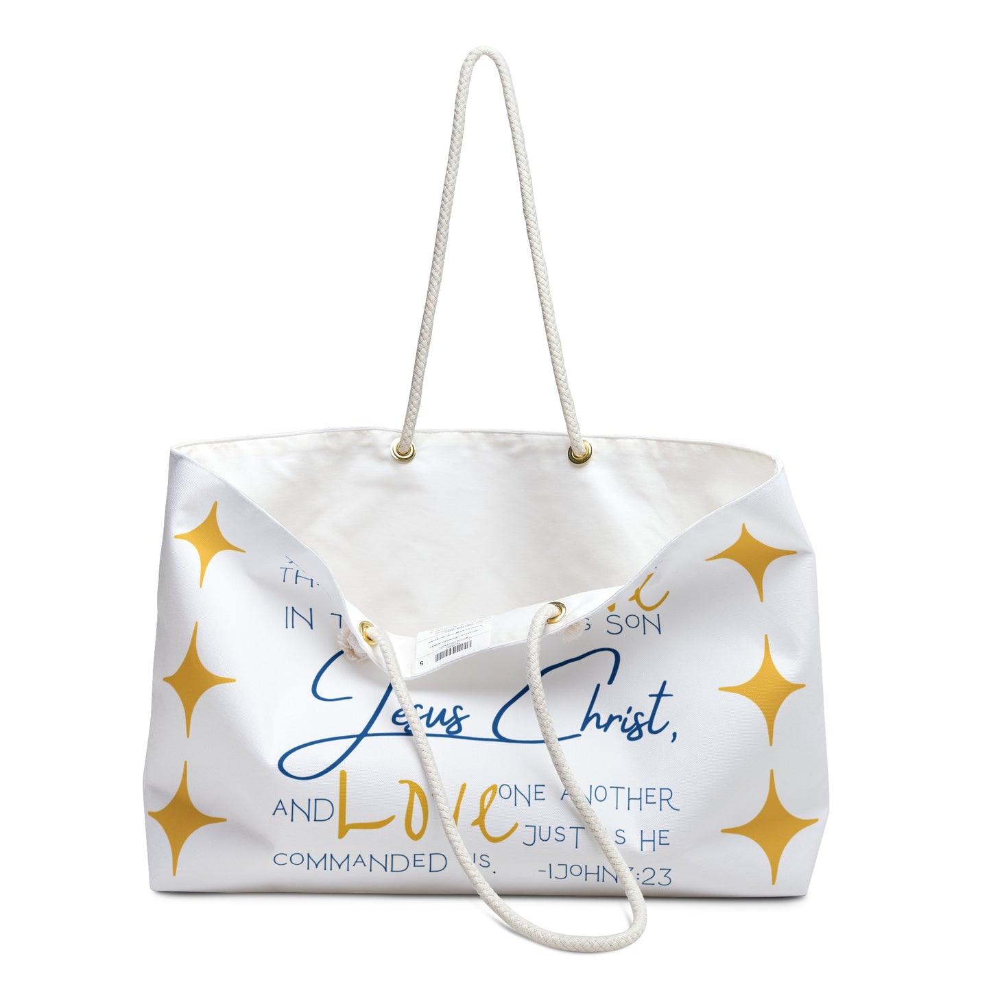 Love One Another Bible verse weekender bag with inspirational text and stylish gold accents