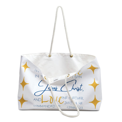 Love One Another Bible verse weekender bag with inspirational text and stylish gold accents