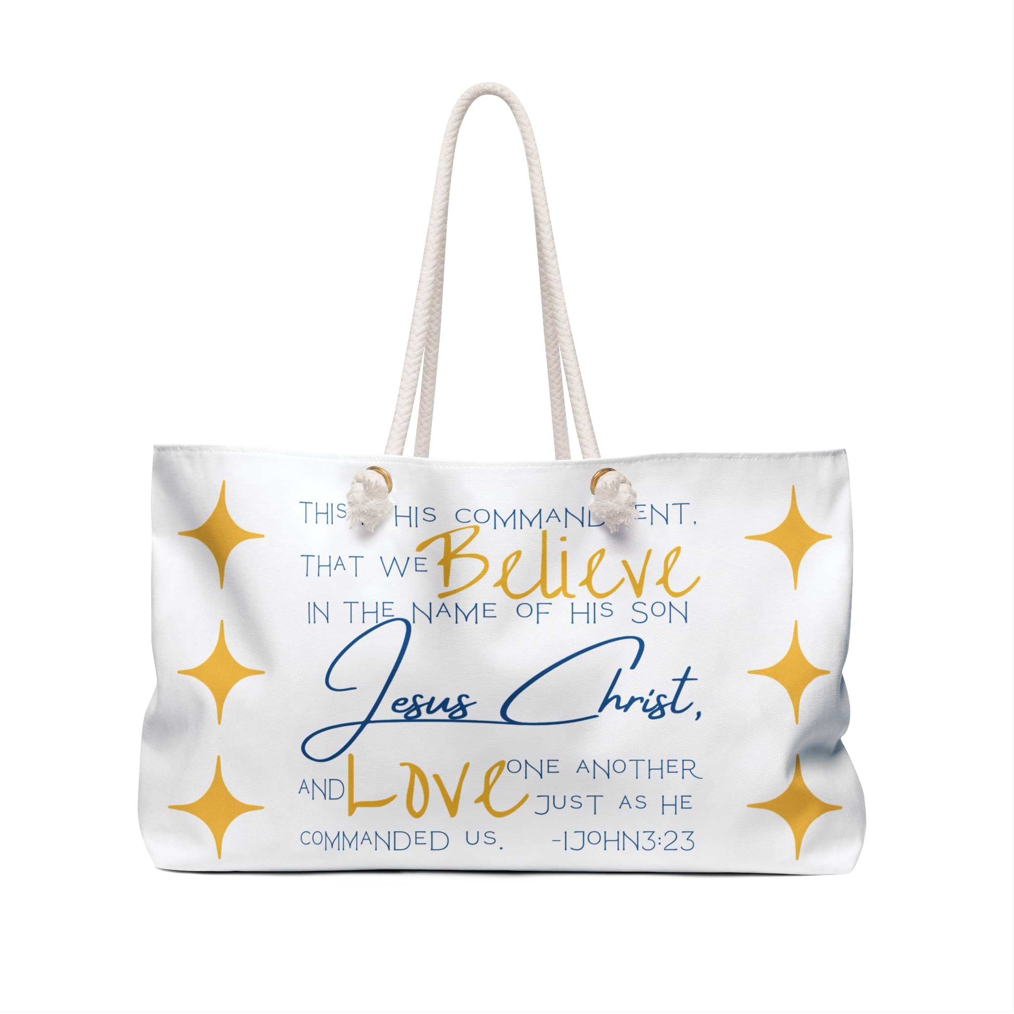 Love One Another Bible verse weekender bag with inspirational text and a stylish design
