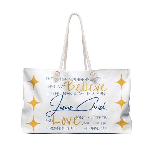 Love One Another Bible verse weekender bag with inspirational text and a stylish design