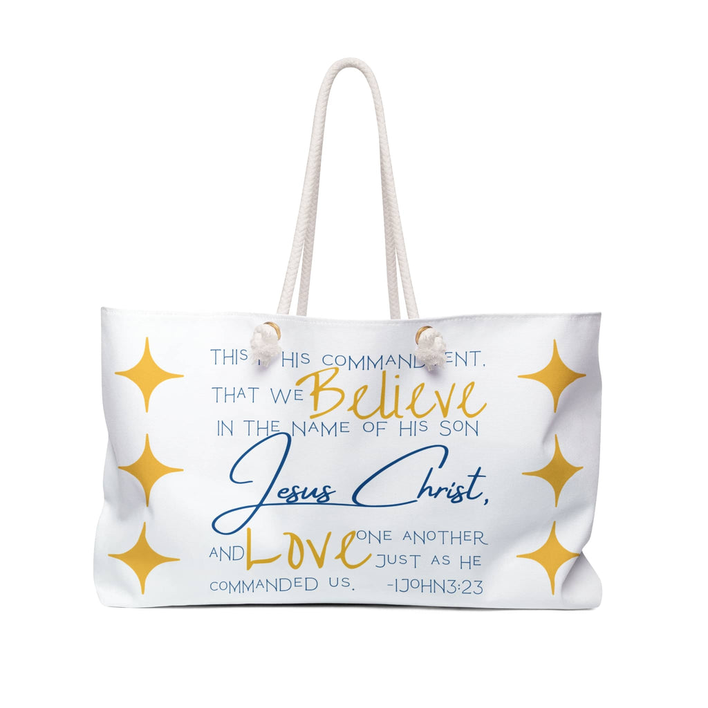 Love One Another Bible verse weekender bag featuring inspirational text and star designs