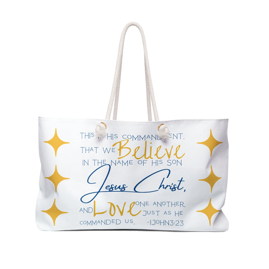 Love One Another Bible verse weekender bag featuring inspirational text and star designs