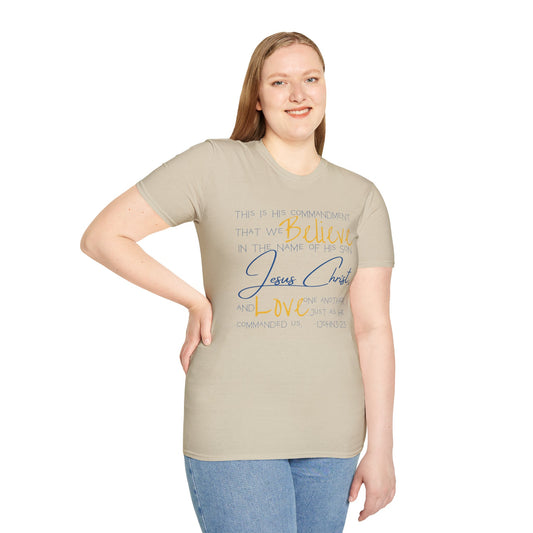 Logos beige Love One Another shirt with inspirational text about Jesus Christ worn by a woman