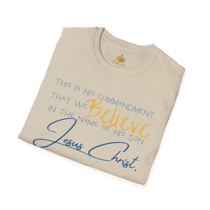 Logos beige Love One Another shirt with inspirational religious text about Jesus Christ