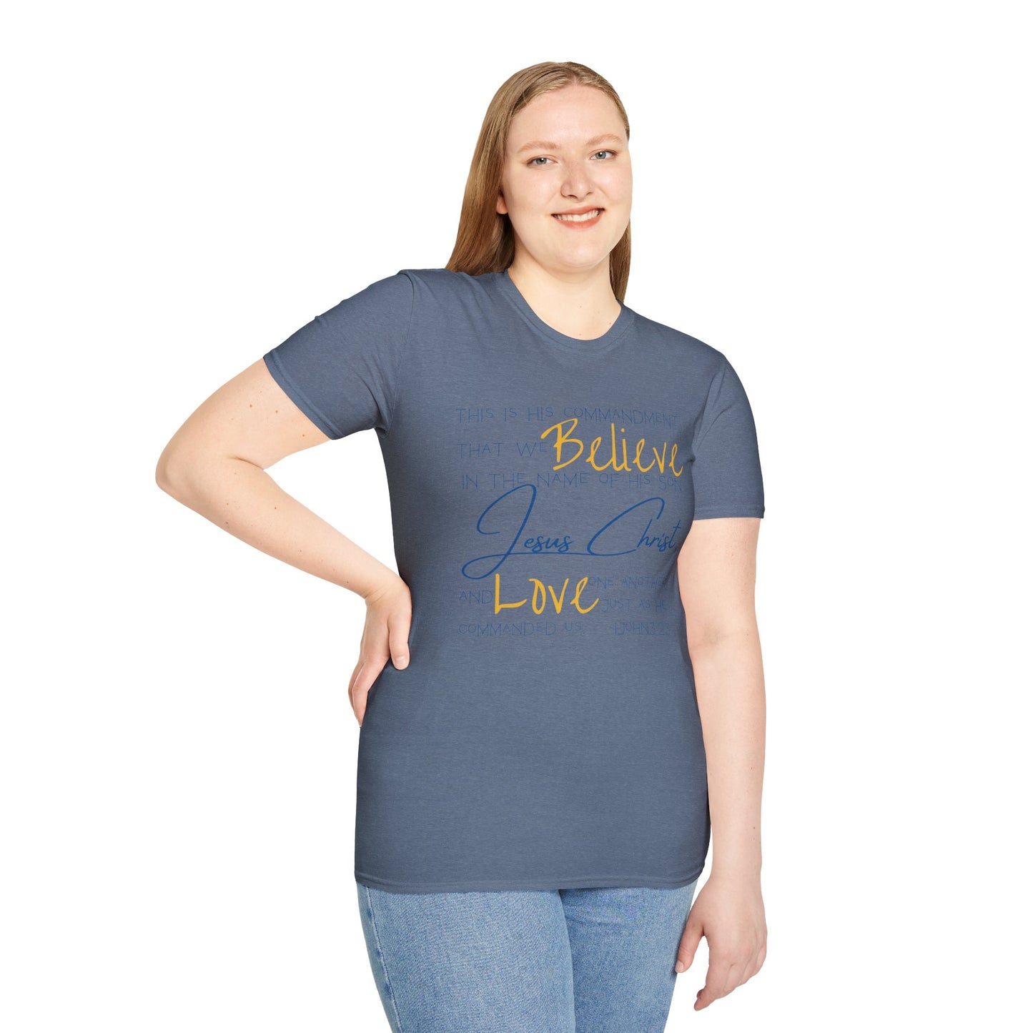 Woman wearing a blue Love One Another shirt with inspiring text by Logos