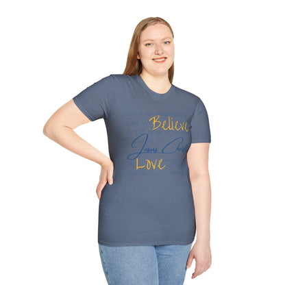 Woman wearing a blue Love One Another shirt with inspiring text by Logos
