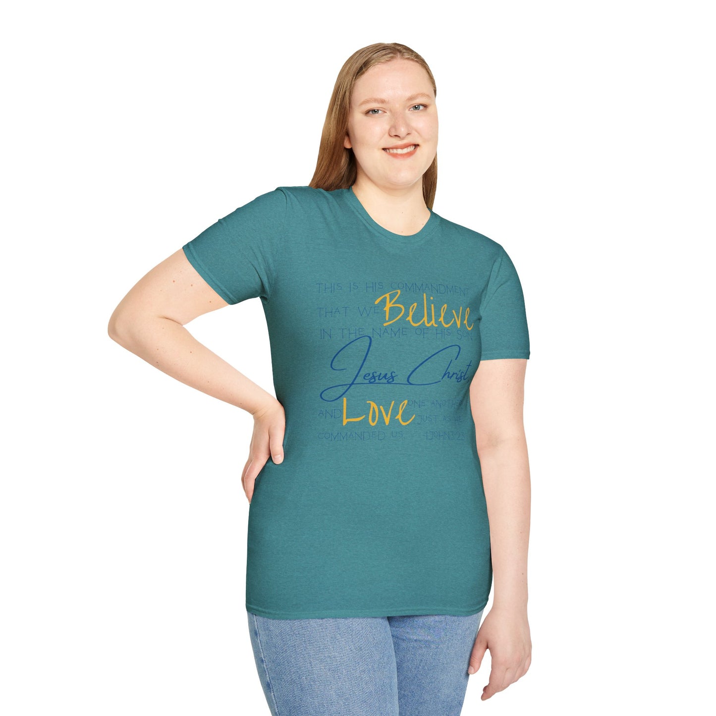 Logos Love One Another shirt in Galapagos blue with inspiring text worn by a woman wearing a denim jeans