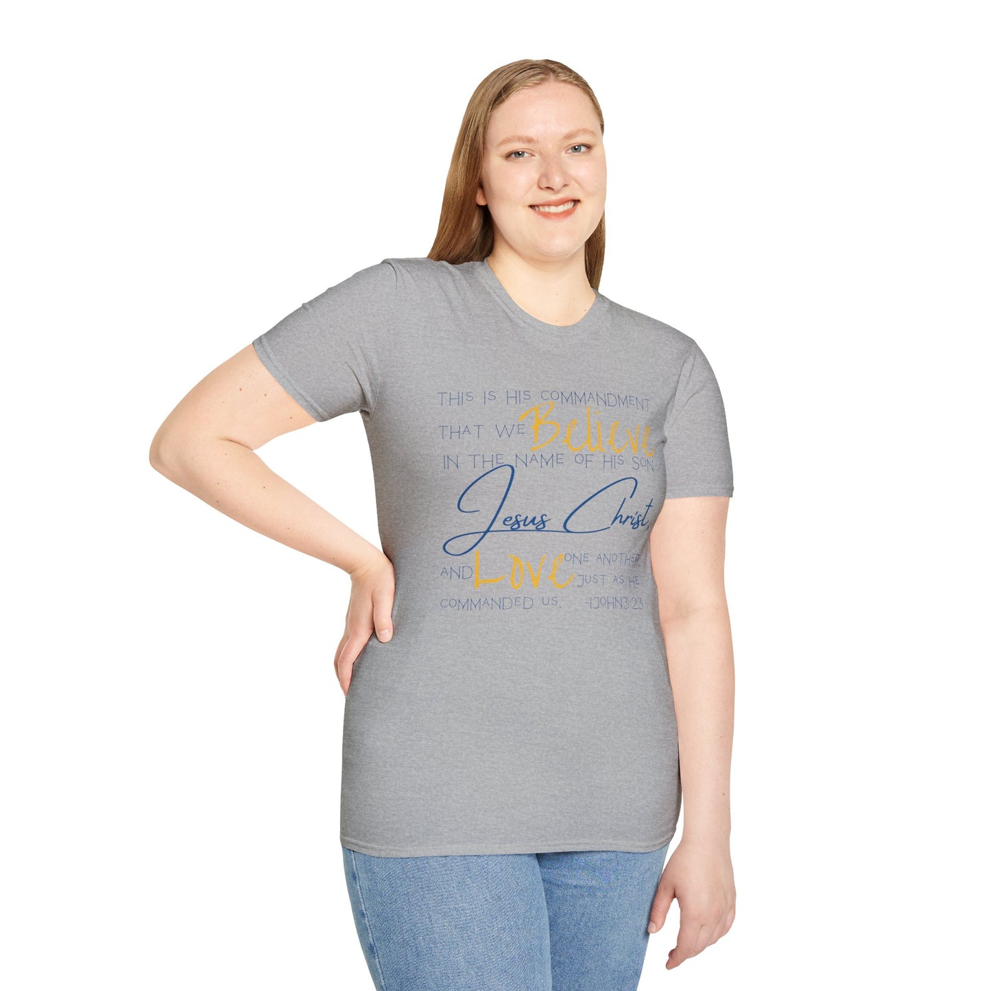 Logos gray Love One Another shirt with inspirational Jesus Christ text worn by standing woman