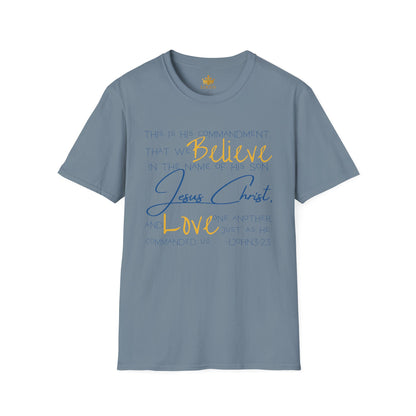 Logos Love One Another shirt in blue with faith-inspired text about Jesus Christ and love