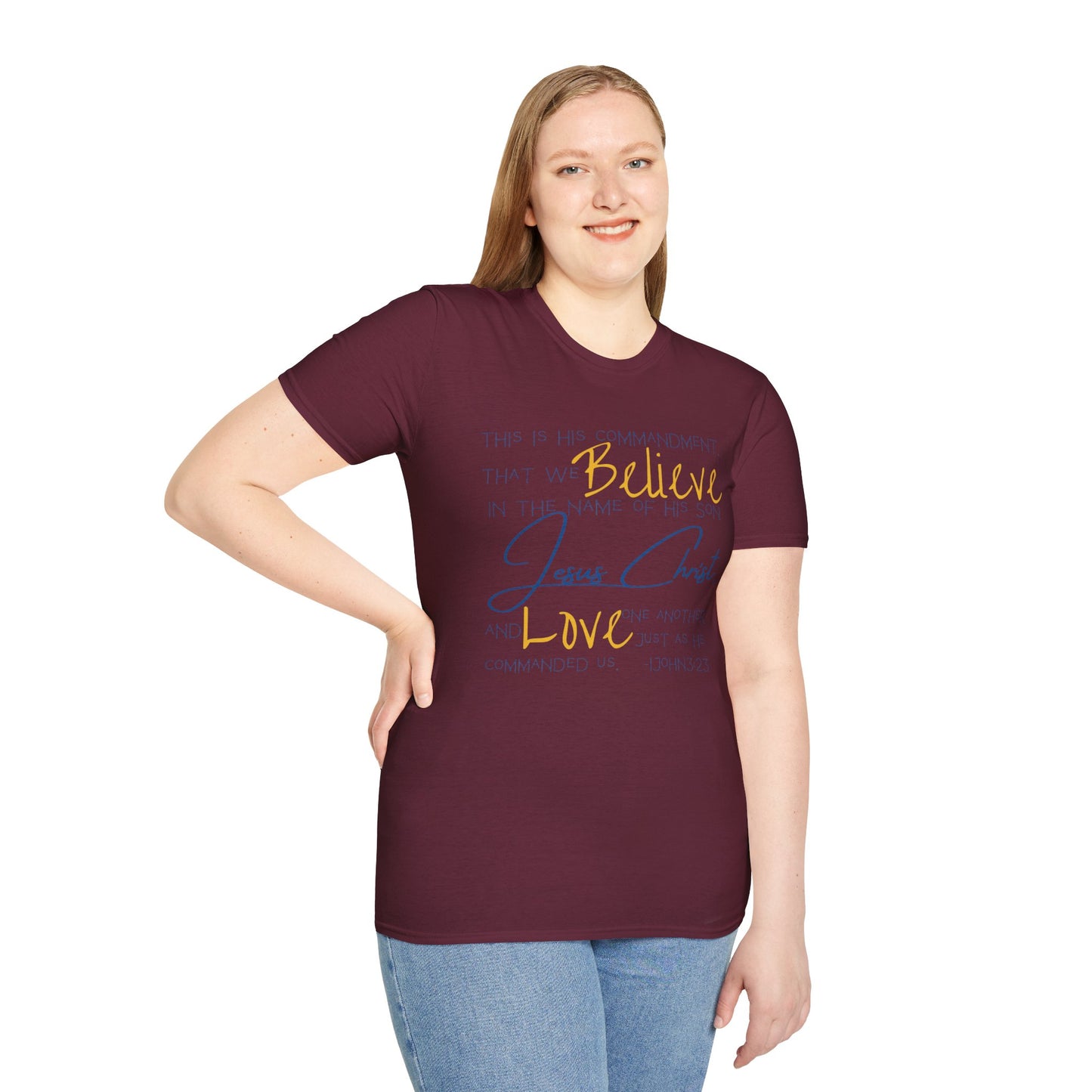 Logos Love One Another shirt in maroon worn by a woman with text design about faith and love