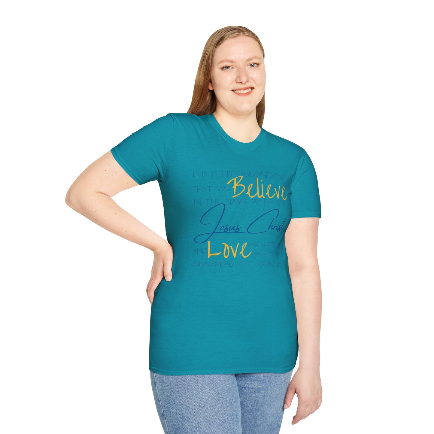 Logos Love One Another shirt in teal with inspirational text worn by a woman