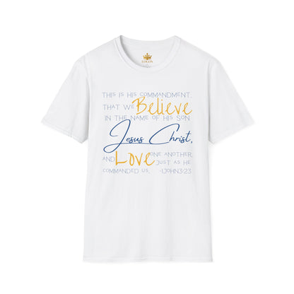 White Love One Another shirt with blue and yellow religious text featuring Bible verse 1 John 3:23