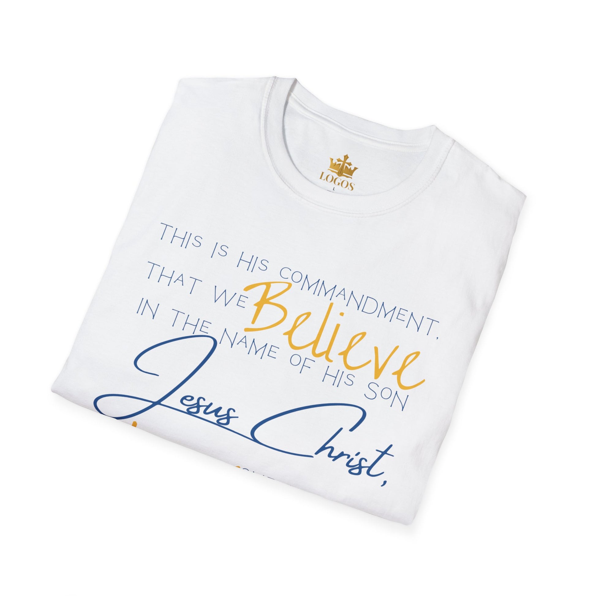 White Love One Another shirt with religious text and script design folded neatly
