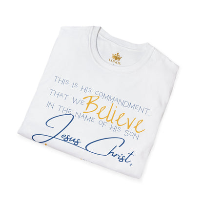 White Love One Another shirt with religious text and script design folded neatly