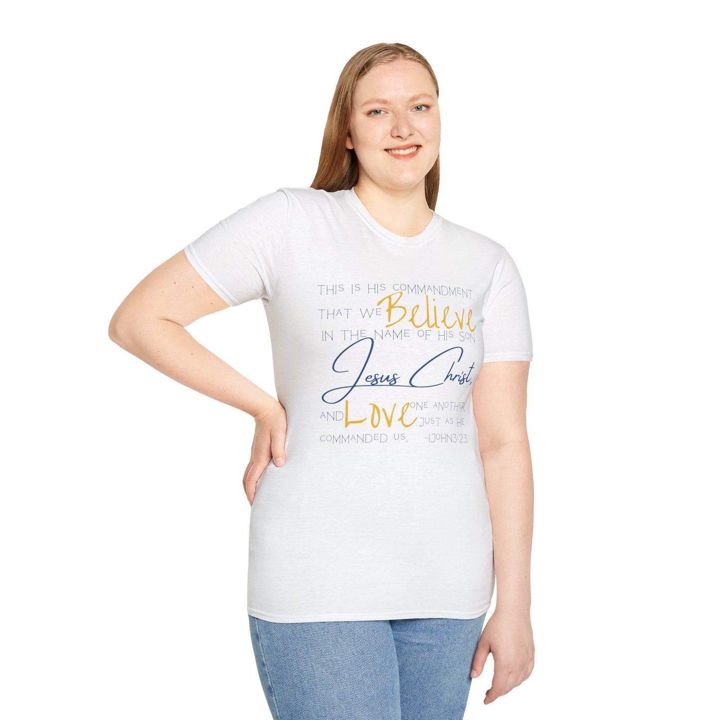 Logos Love One Another shirt white short sleeve with faith-based text worn by a woman