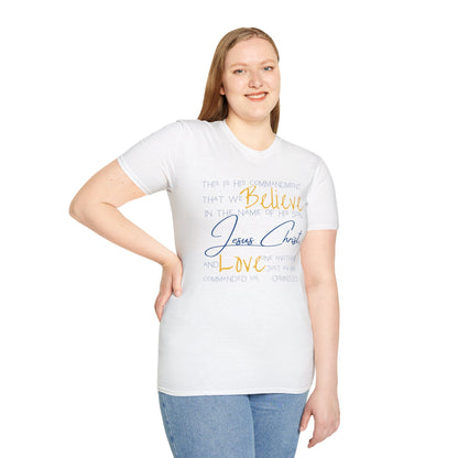Logos Love One Another shirt white short sleeve with faith-based text worn by a woman