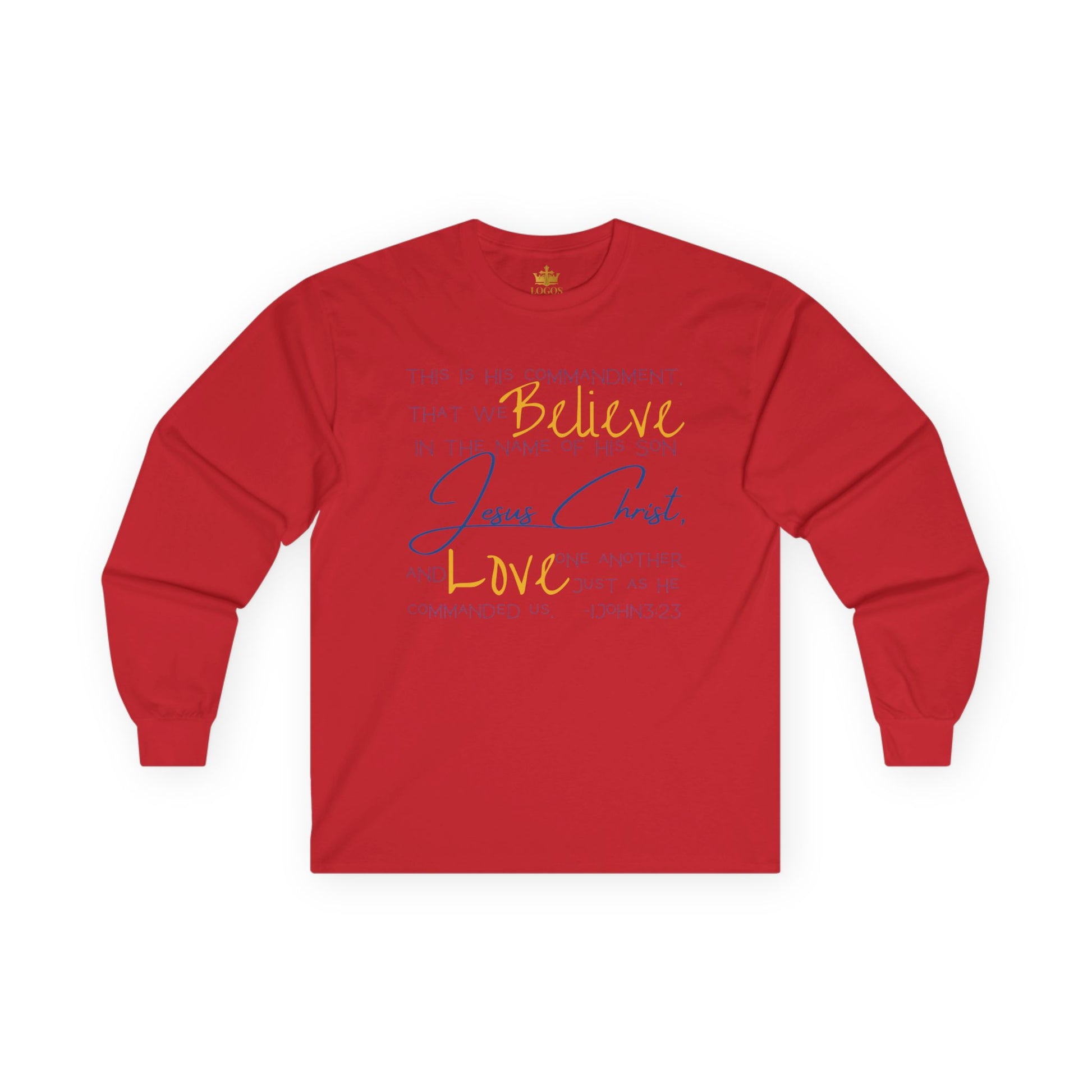 Red Love One Another tee with inspirational text about faith and love on a long-sleeve design