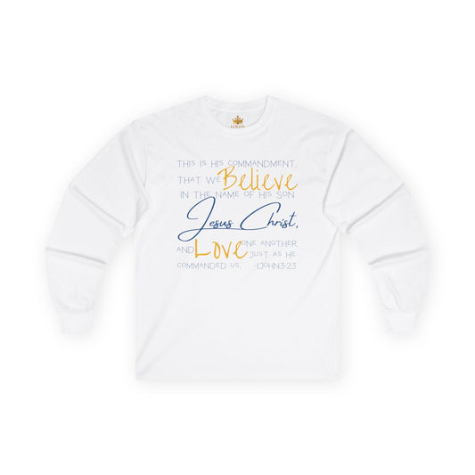 White long-sleeve tee featuring the phrase Love One Another tee with inspirational text design