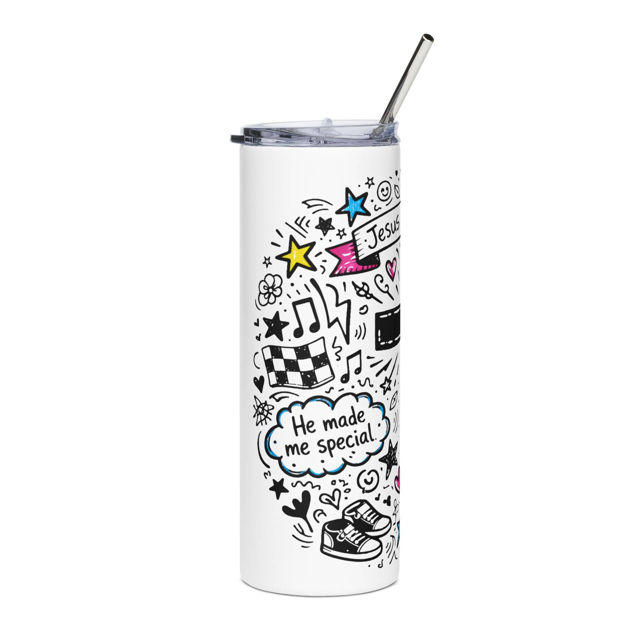 Loved by Christ Whimsical Doodle Tumbler featuring colorful designs and inspirational phrases, front view