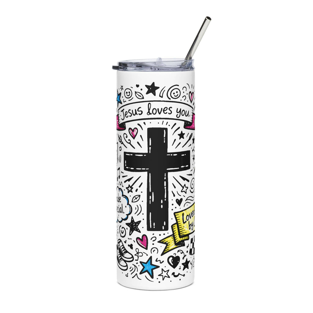 Loved by Christ Whimsical Doodle Tumbler with black cross design and colorful doodles on a white background