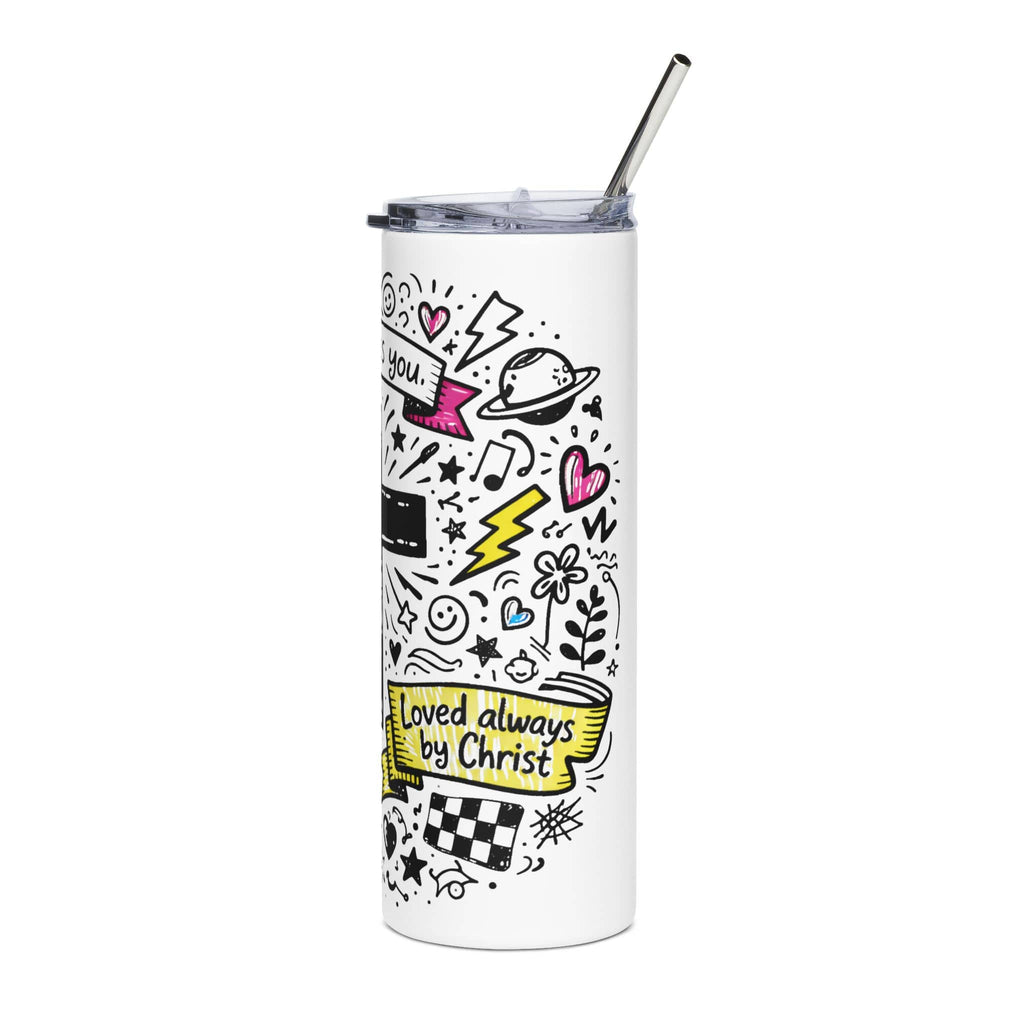 Whimsical Doodle Tumbler featuring 'Loved by Christ' design in white with colorful doodles, front view