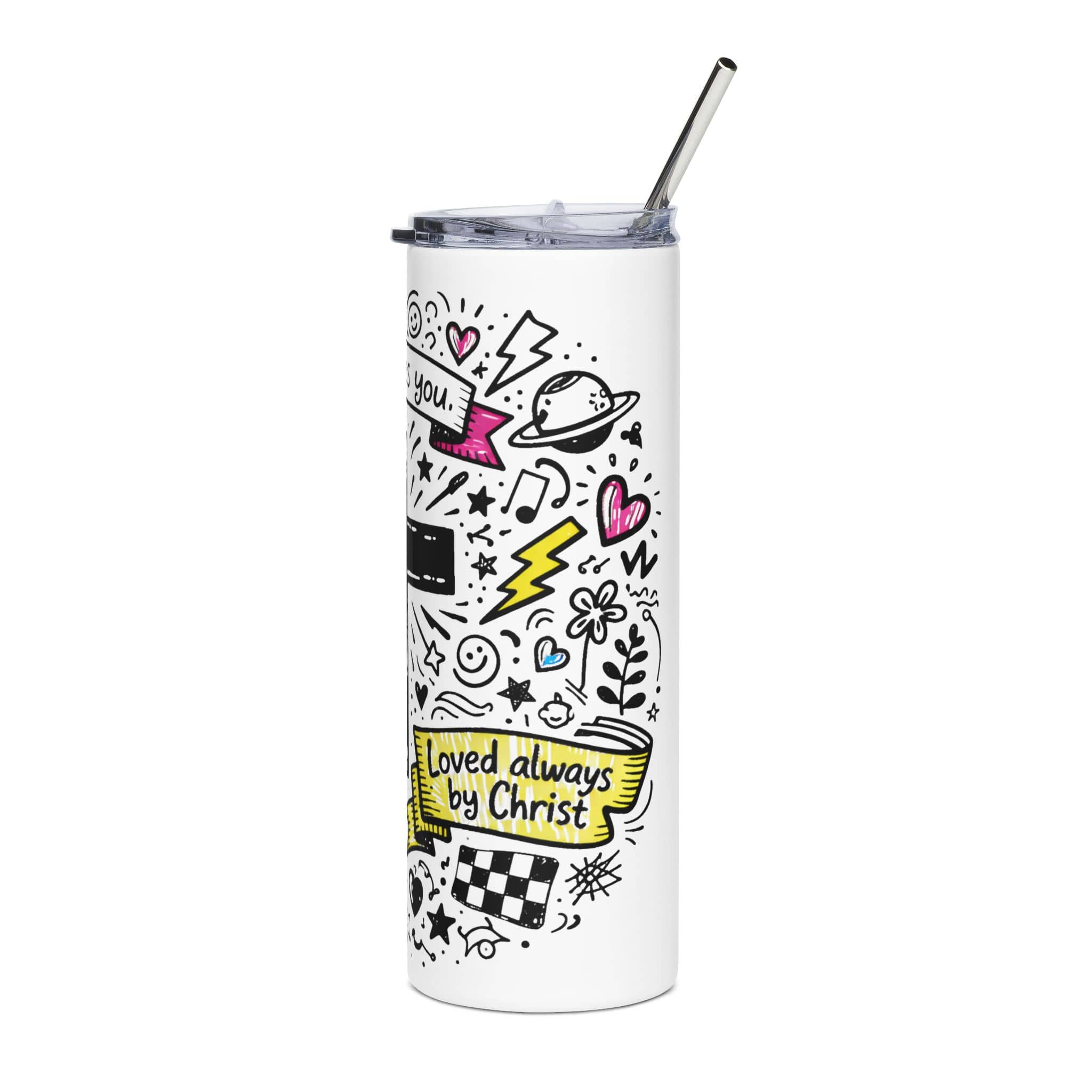 Whimsical Doodle Tumbler featuring 'Loved by Christ' design in white with colorful doodles, front view